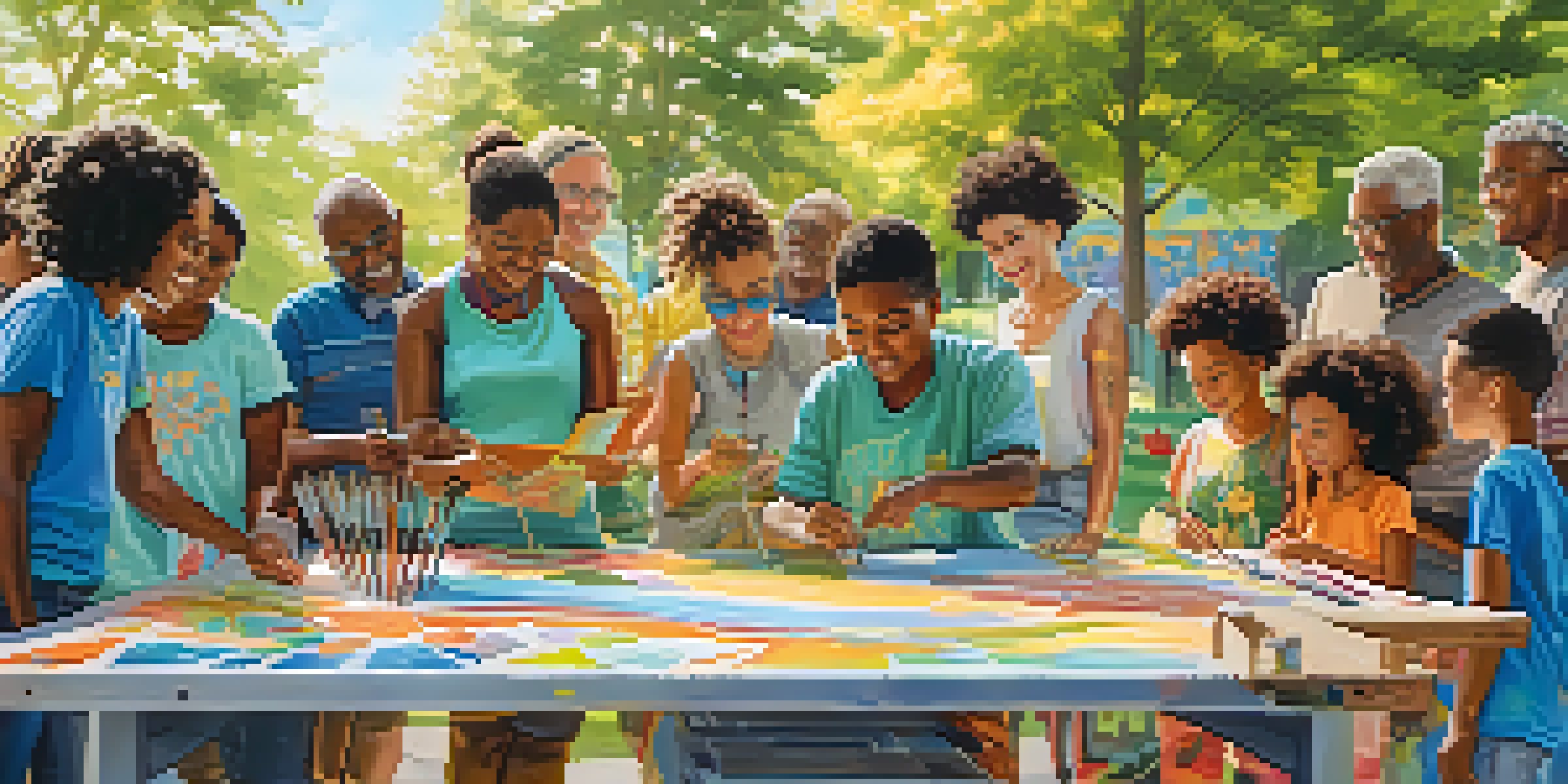 A community art workshop in a park, with a diverse group of people painting a colorful mural together, surrounded by trees.