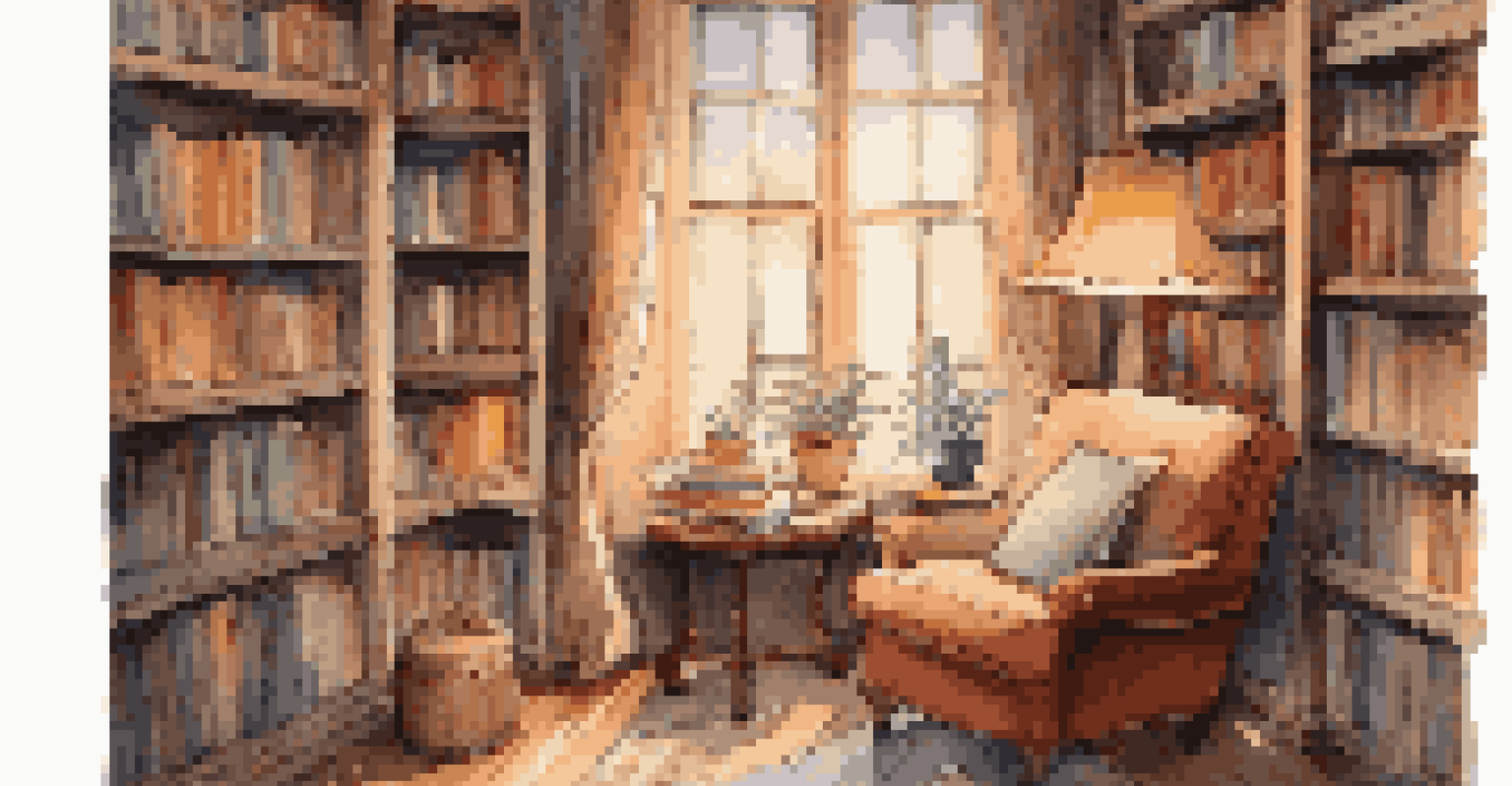 A cozy reading nook featuring a plush armchair, bookshelves filled with books, a warm lamp light, and a cup of tea on a side table, with rain visible outside the window.
