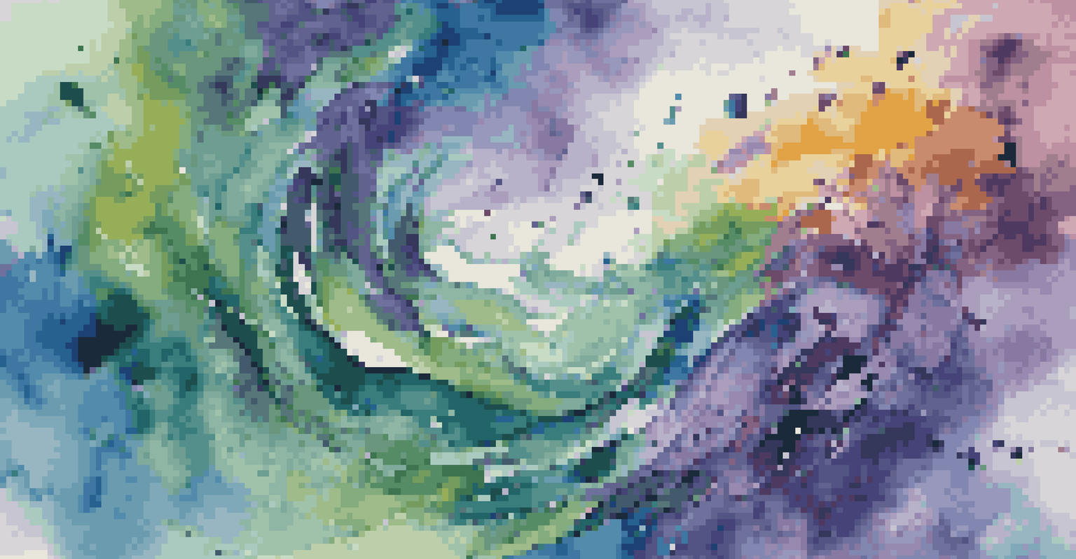 An abstract artwork filled with swirling colors and fragmented text representing emotions related to mental health.