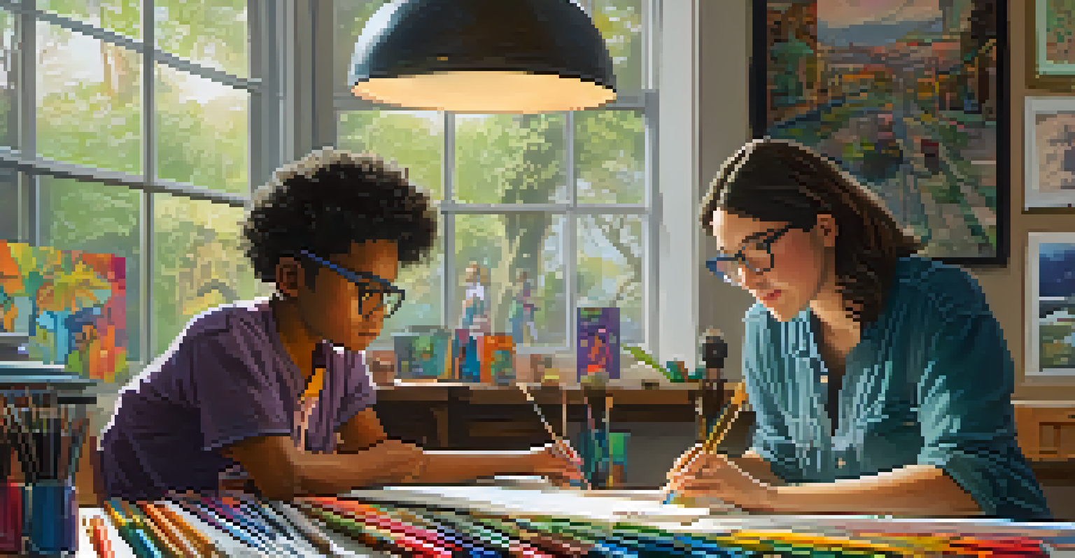 An art mentor guiding a young artist in a cozy studio filled with artwork and art supplies, illuminated by natural light.