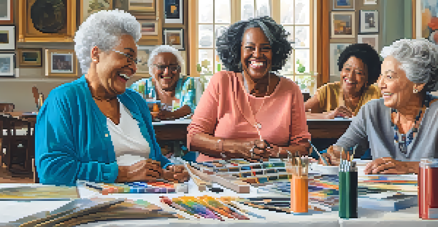 A diverse group of older women discussing and creating art in a bright, inviting studio.
