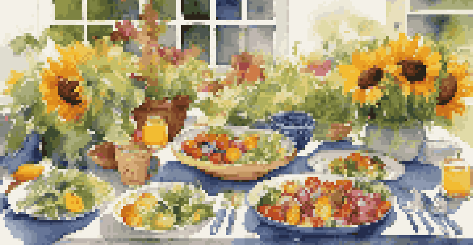 A beautifully arranged summer table with sunflowers, colorful table linens, and an assortment of grilled vegetables and salads under warm sunlight.