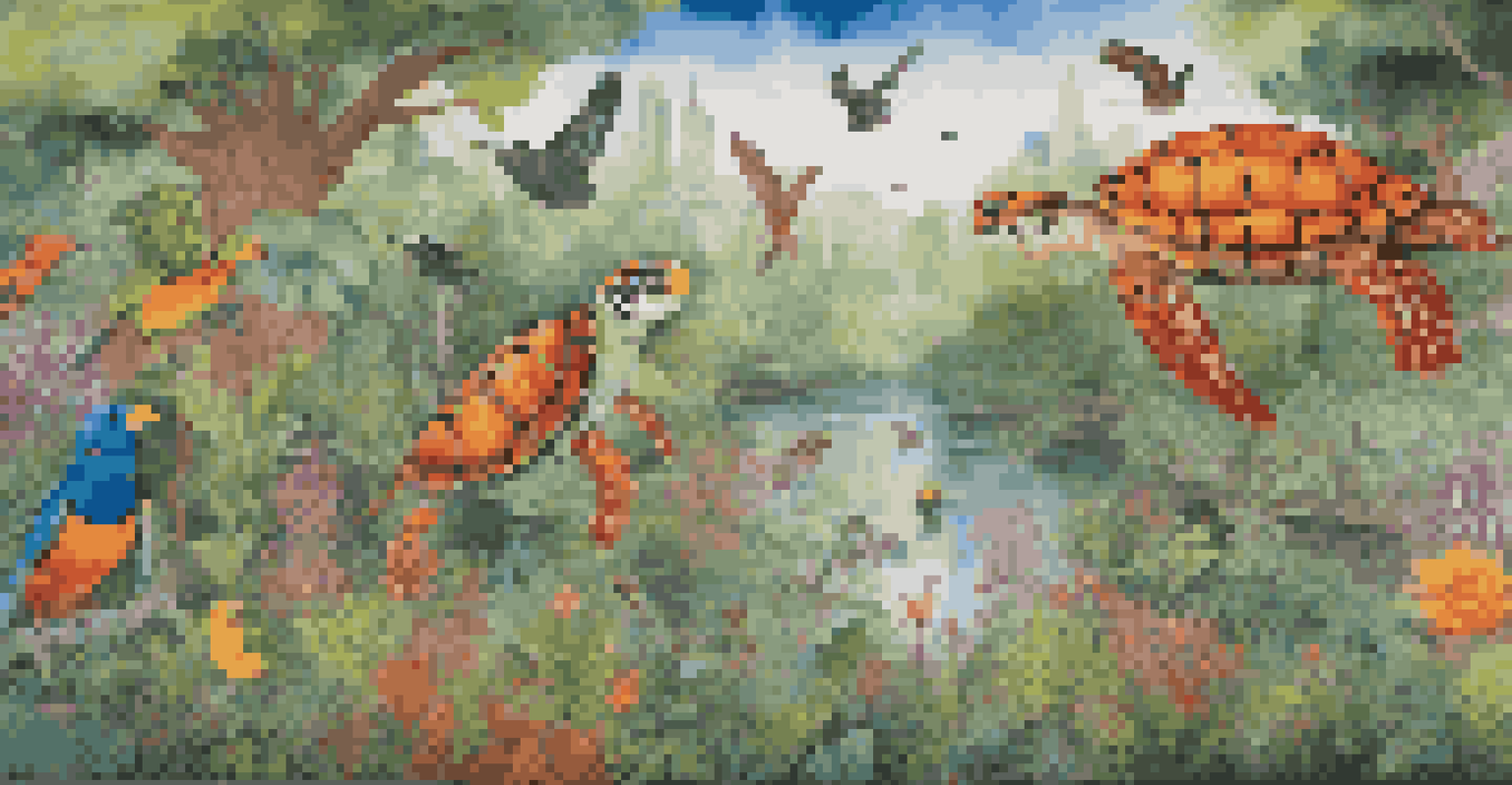 A colorful community mural illustrating an ecosystem with various plants and endangered animals, with people enjoying the art.