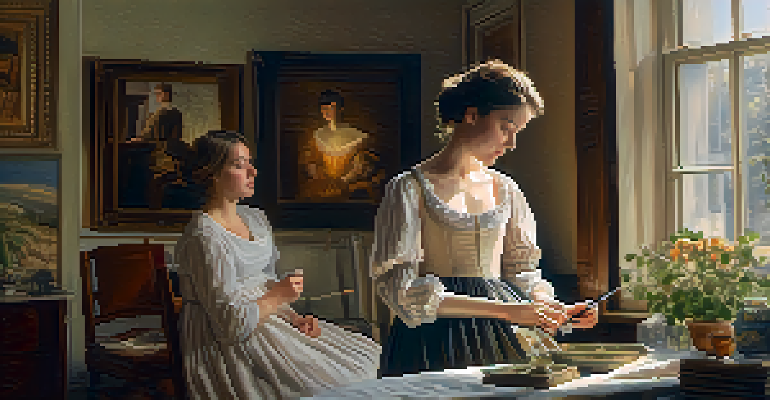 A woman artist painting another woman in a cozy room filled with artworks and sunlight coming through the window.