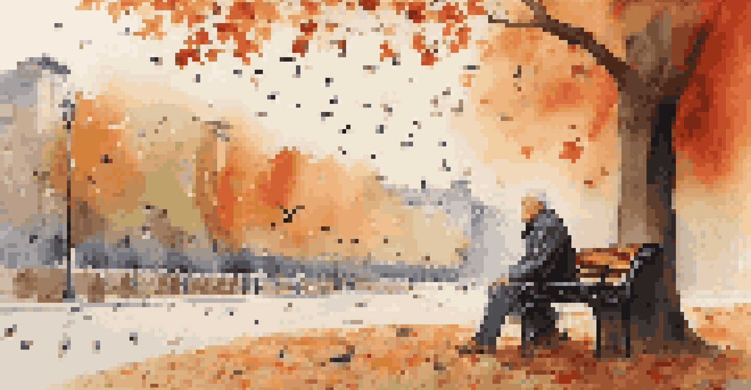 An elderly man on a park bench looking at birds in flight with autumn leaves in the background.