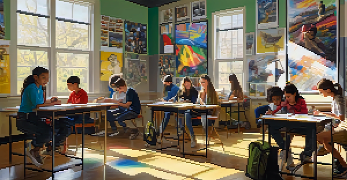A lively classroom with students working on a photography project, bathed in sunlight, with educational posters on the walls.