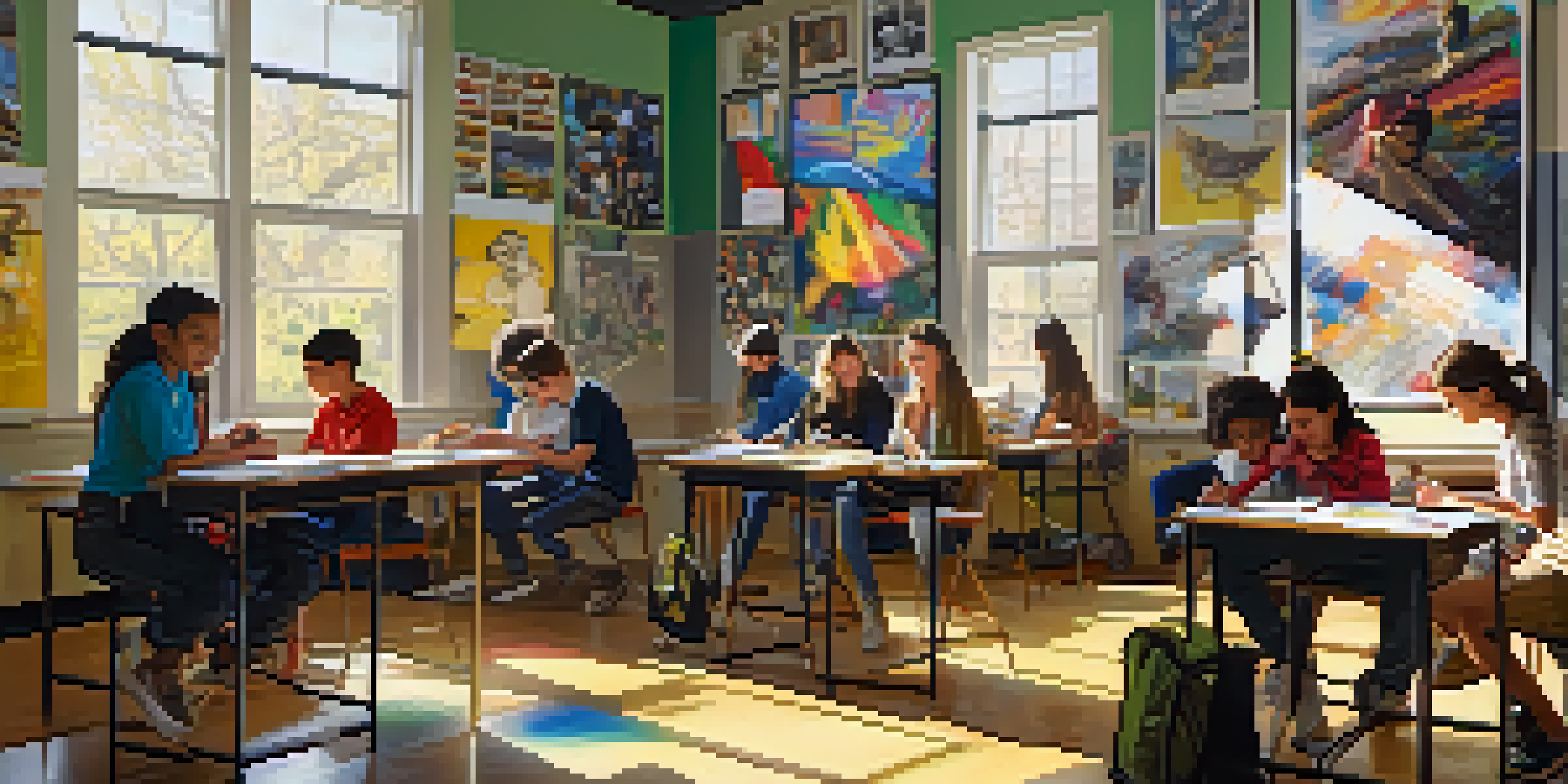 A lively classroom with students working on a photography project, bathed in sunlight, with educational posters on the walls.