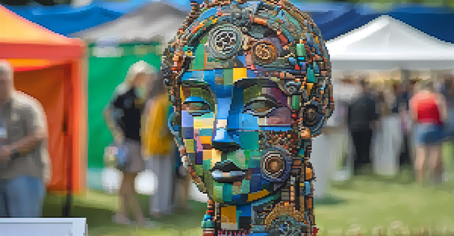 A colorful recycled materials sculpture showcased at an art fair with blurred tents and visitors in the background.