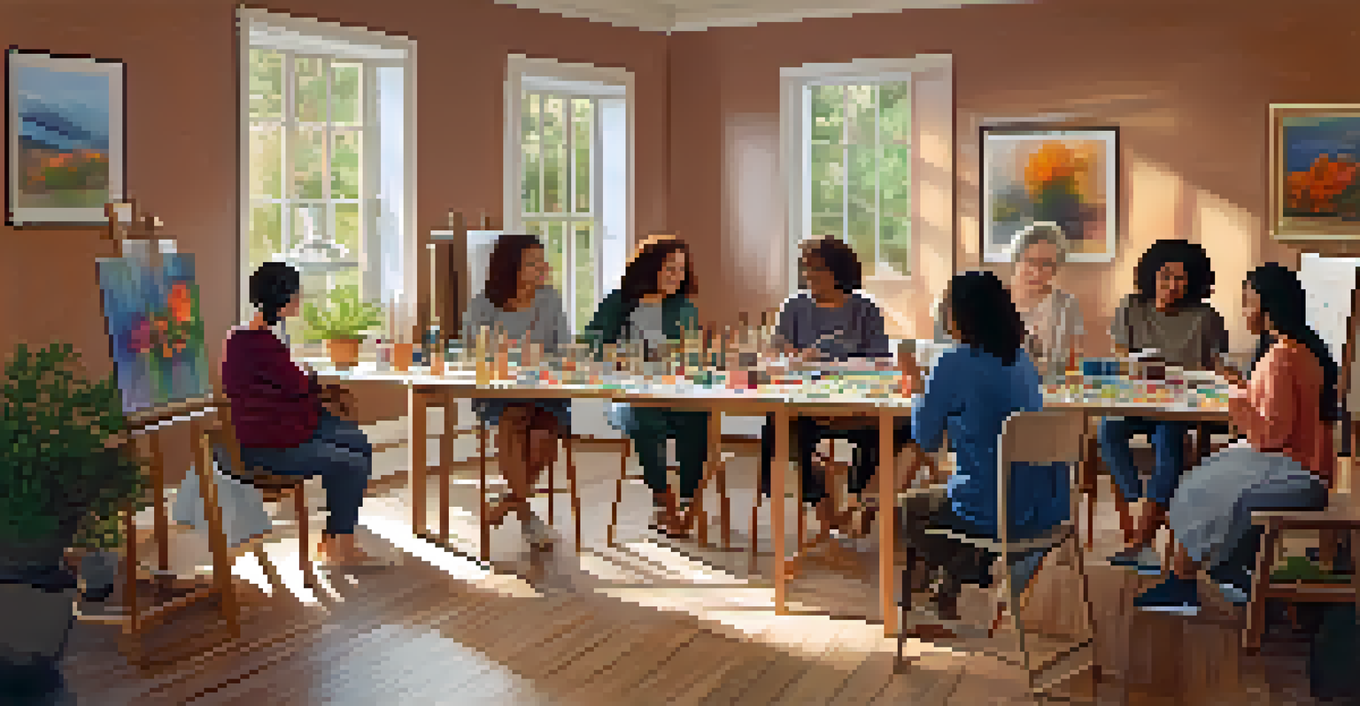 A small group engaging in art therapy in a cozy, softly lit room with a therapist guiding them.