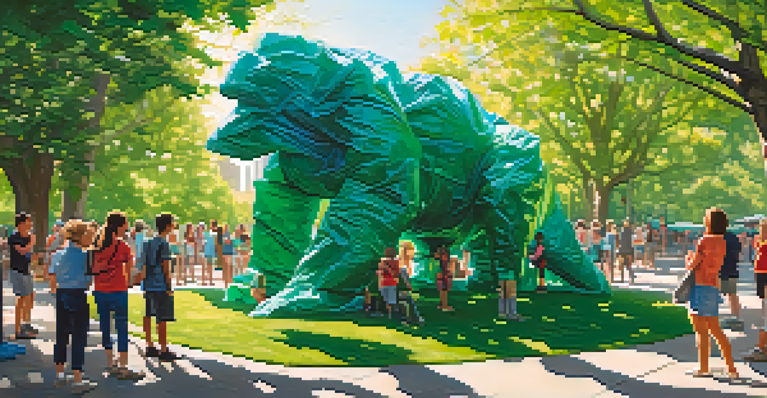 A large sculpture made of plastic bags in a park, surrounded by people and greenery, highlighting the issue of pollution.