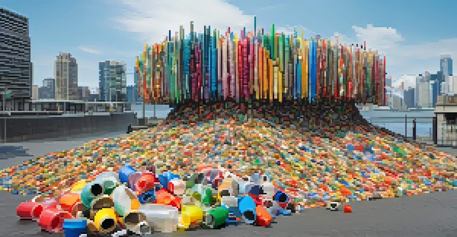 An urban eco-art installation resembling an island made from ocean plastic waste, with a colorful design set against a city backdrop, illuminated by natural light.