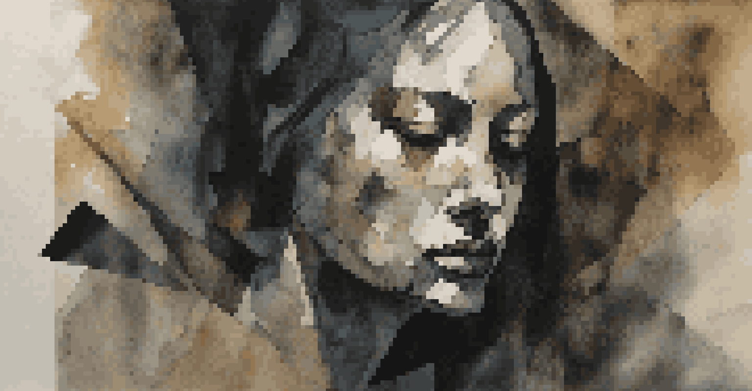A mixed media artwork showing a figure surrounded by dark, fragmented shapes, conveying feelings of grief and introspection.