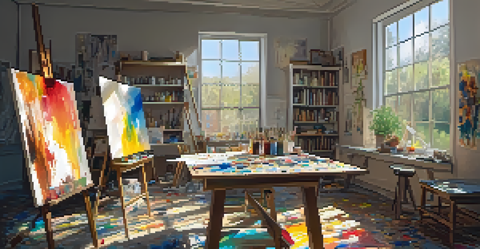 An artist's studio showcasing a vibrant and creative workspace filled with art supplies and a canvas.