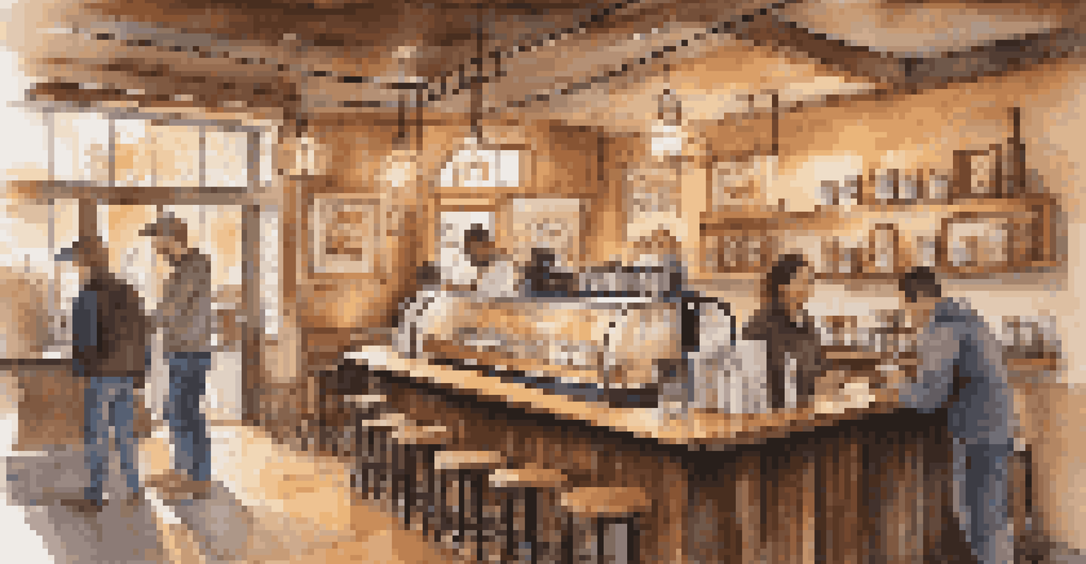 A barista pouring latte art in a cozy coffee shop, with patrons enjoying their drinks and local artwork on the walls.