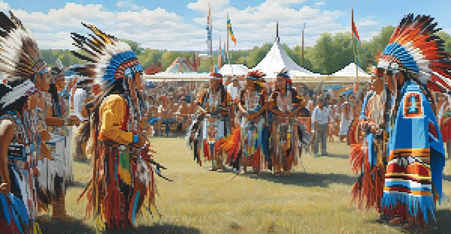 A colorful Native American powwow with dancers in traditional attire and a community gathering.