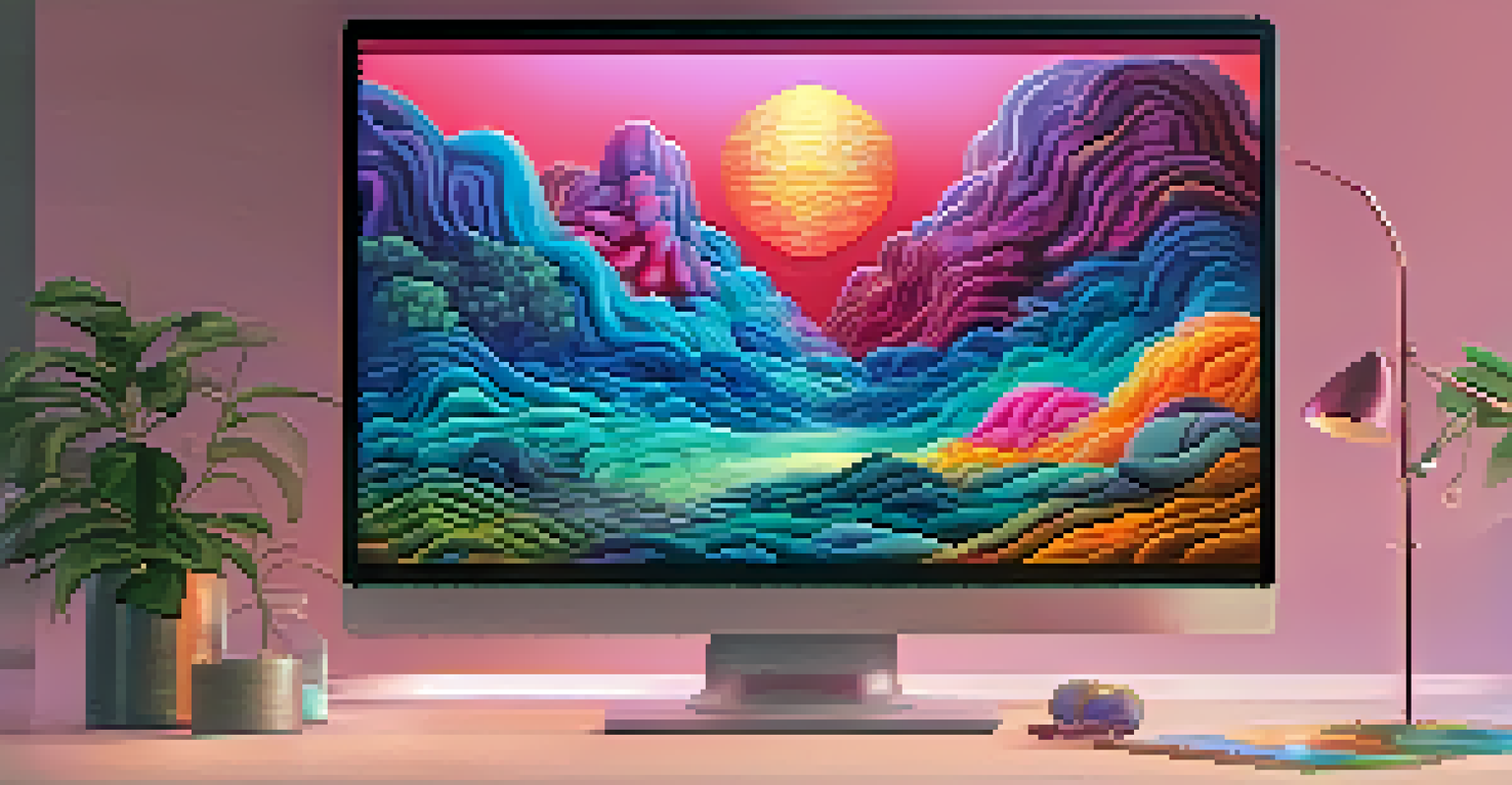 A close-up of a digital artwork on a computer screen with a surreal landscape, surrounded by art tools.