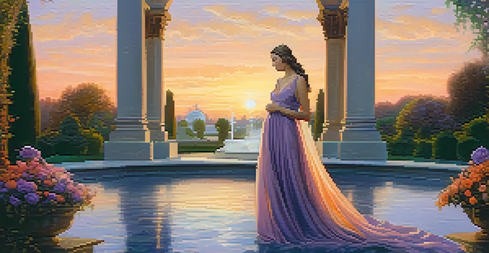 A woman in a flowing gown stands in a Renaissance garden at dusk, surrounded by flowers and a marble fountain.