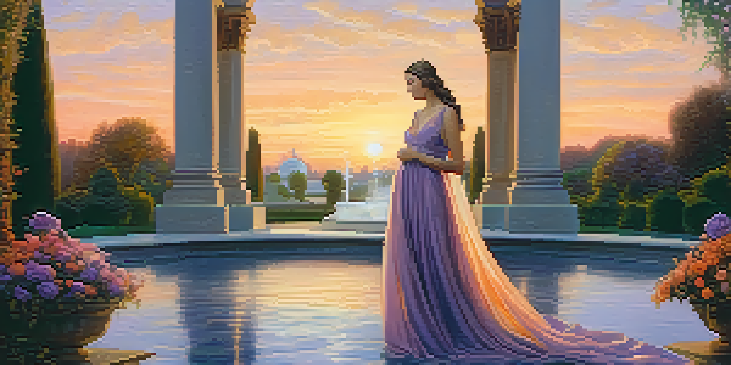 A woman in a flowing gown stands in a Renaissance garden at dusk, surrounded by flowers and a marble fountain.