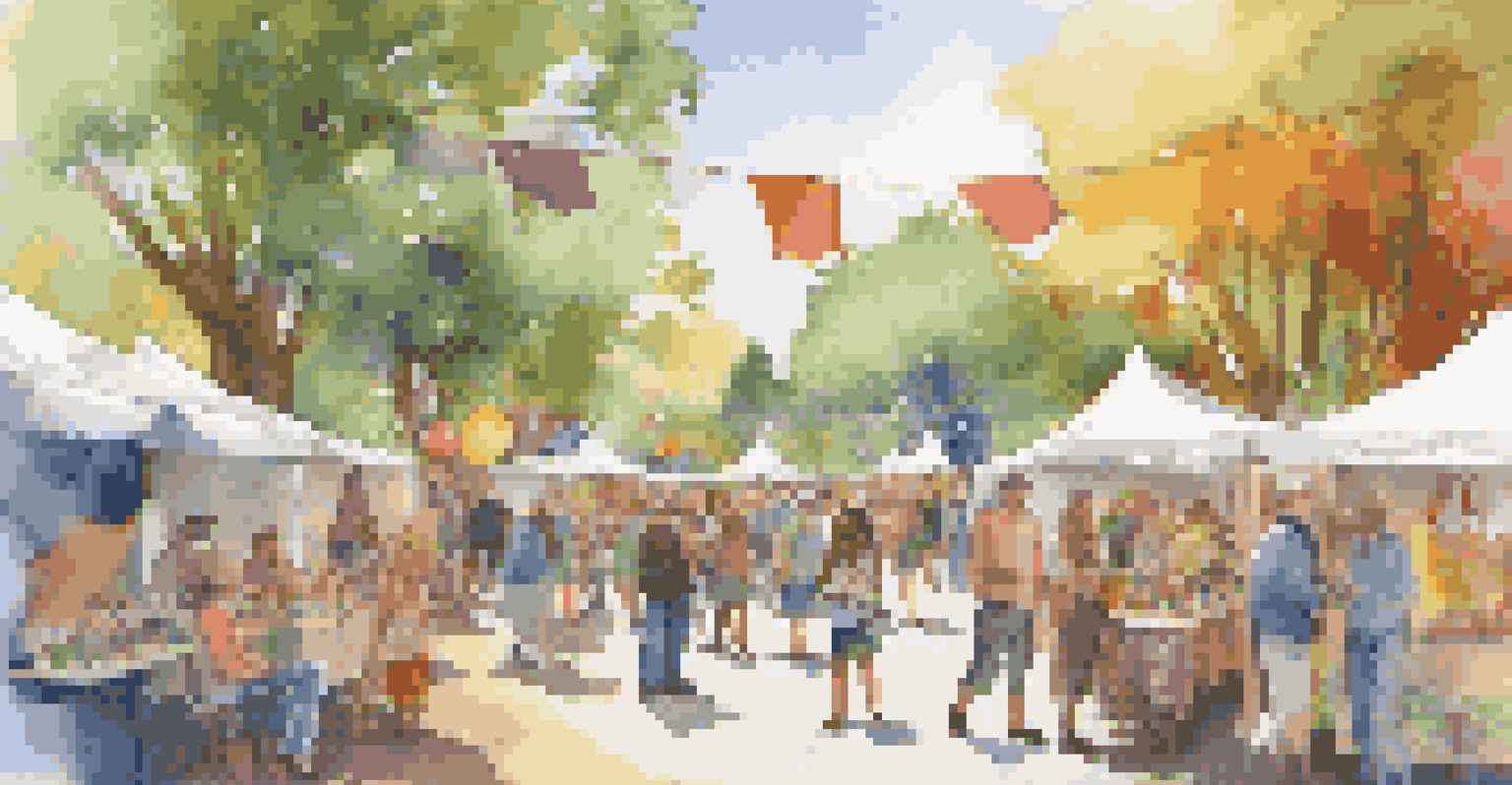 An art festival showcasing local artists and workshops focused on environmental themes, with colorful decorations and attendees participating.
