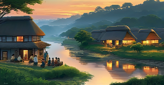 A beautiful sunset over a traditional village with people gathered around a fire sharing stories.