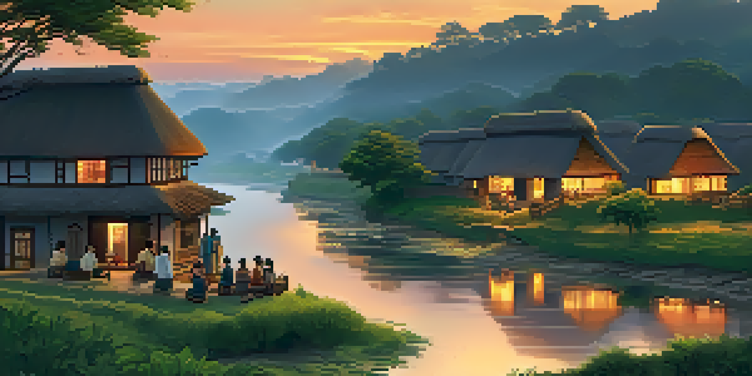 A beautiful sunset over a traditional village with people gathered around a fire sharing stories.