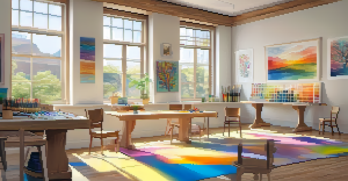 A bright and inviting art therapy room filled with colorful artworks and art supplies, promoting creativity and emotional expression.
