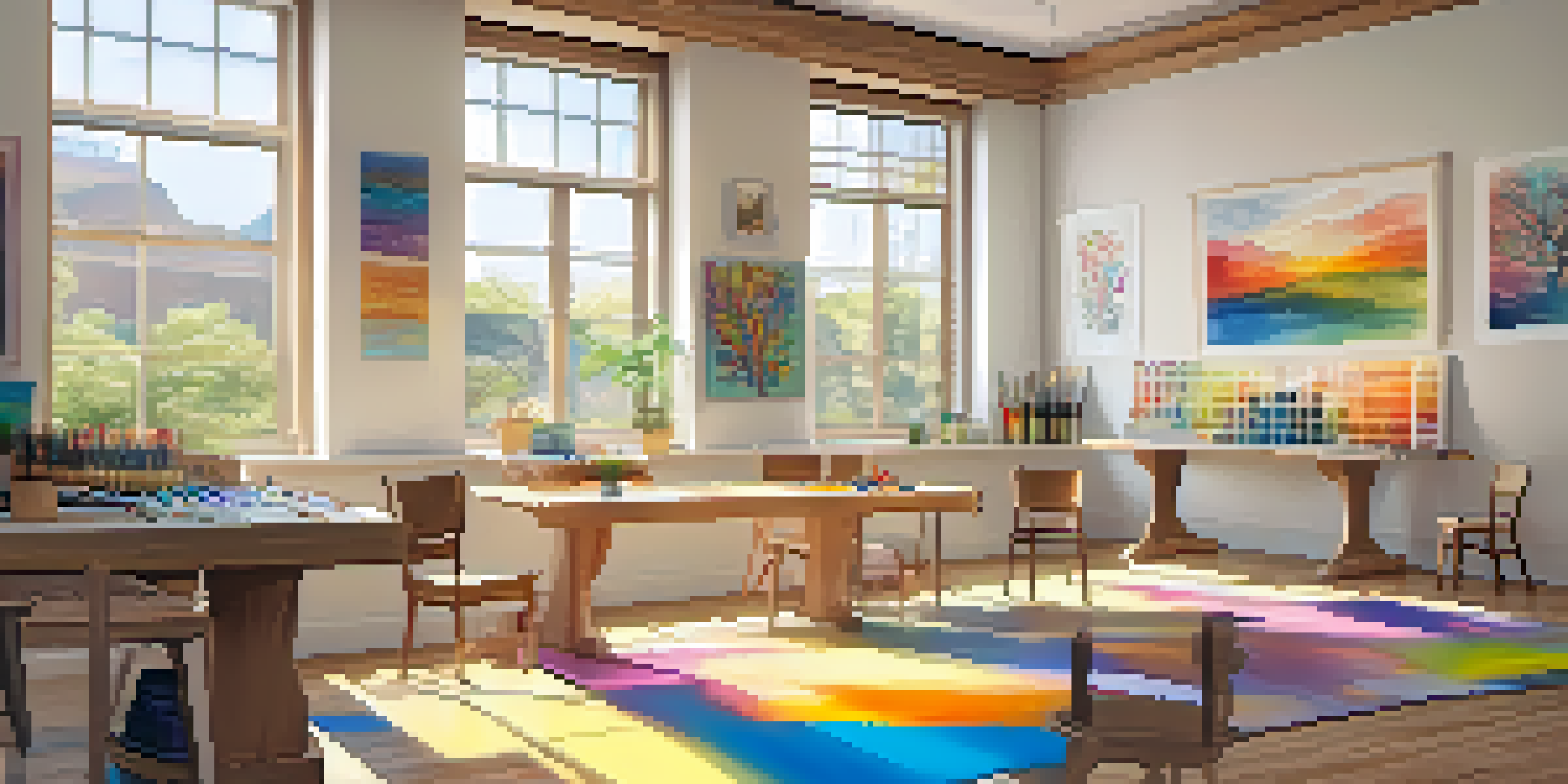 A bright and inviting art therapy room filled with colorful artworks and art supplies, promoting creativity and emotional expression.