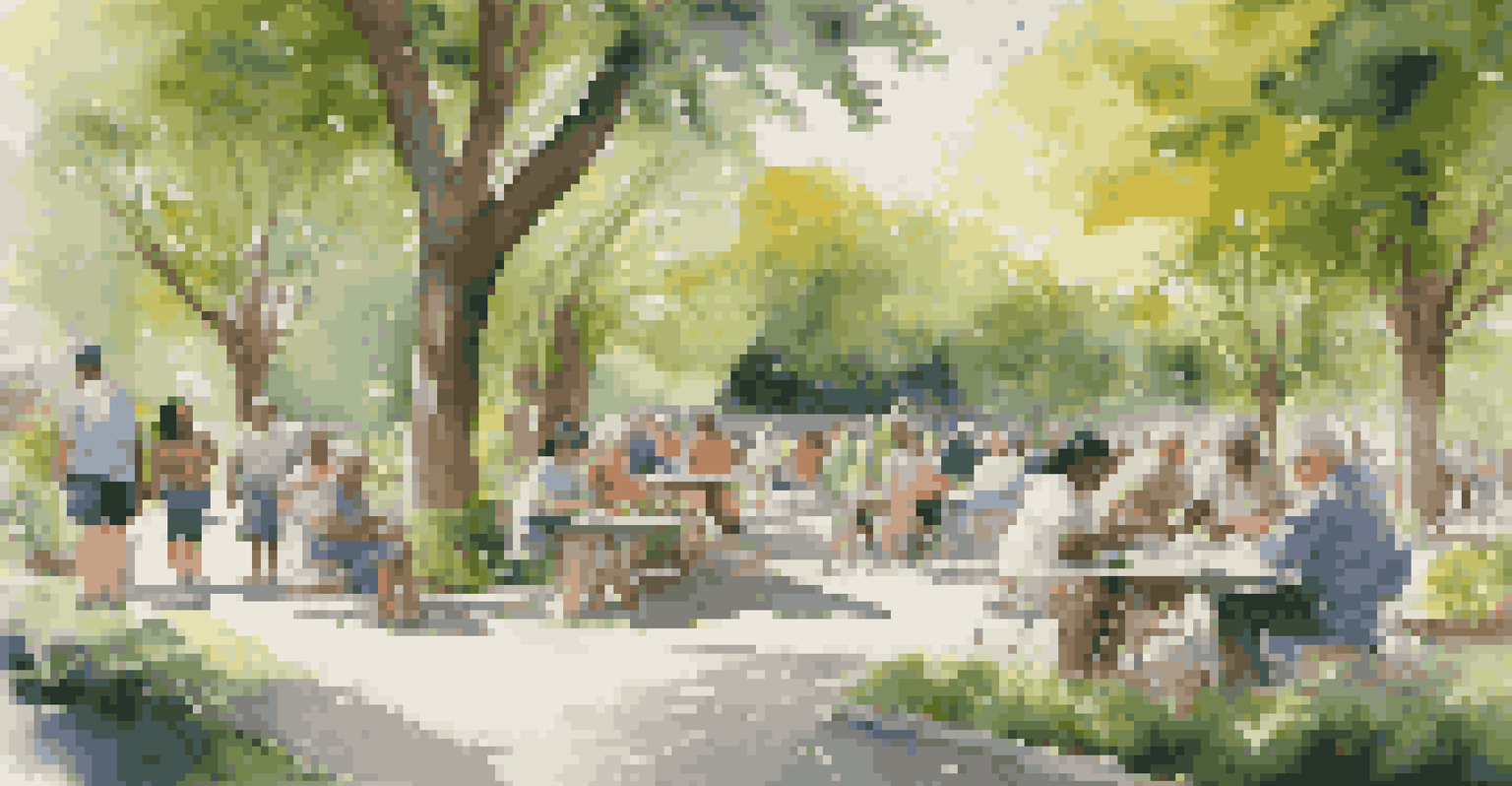 Residents of different ages collaborating on an art project in a green park, with art supplies around them and sunlight filtering through trees.