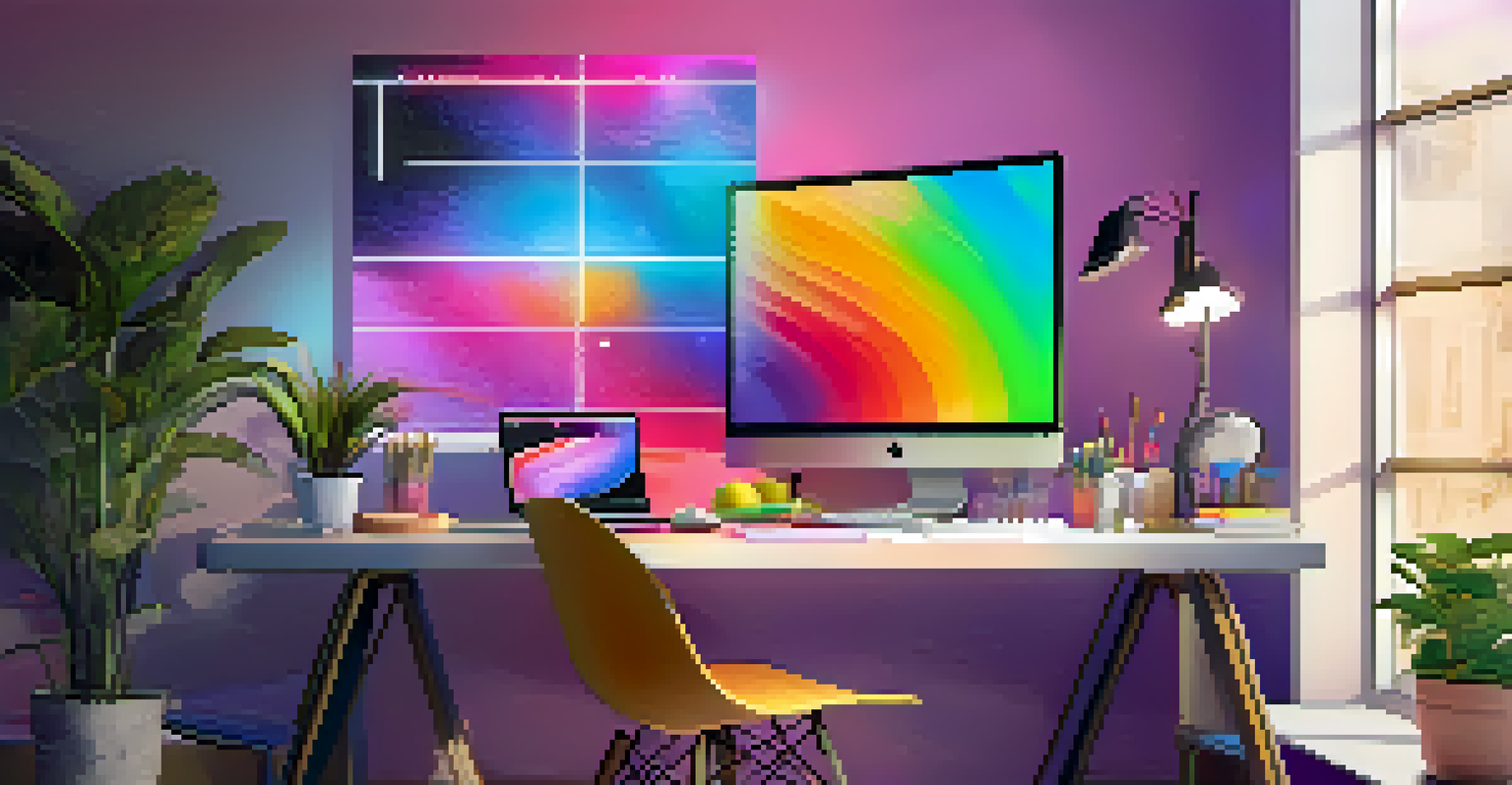 A modern digital art workspace with a graphic tablet and vibrant artwork on the screen.