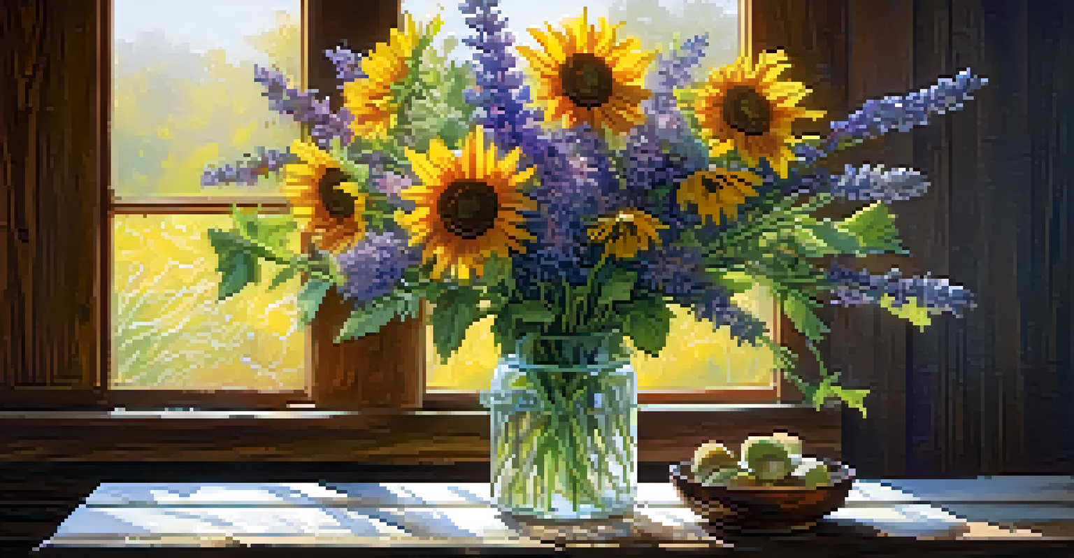 A colorful bouquet of wildflowers in a glass vase on a wooden table, illuminated by soft natural light.