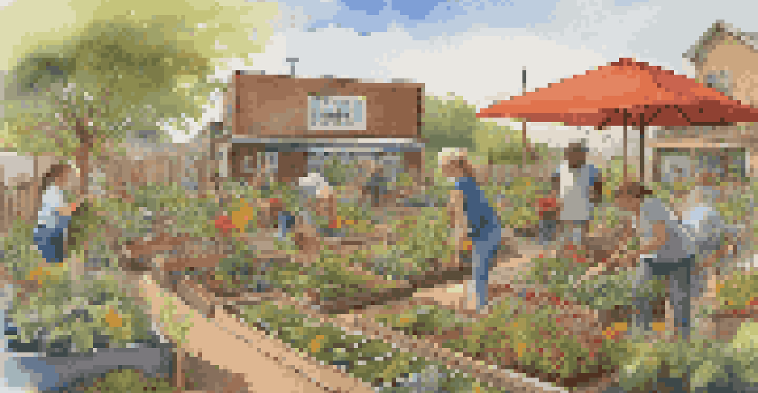 A community garden with residents planting flowers and vegetables, surrounded by a fence of recycled materials and colorful sustainability signs, in warm afternoon light.