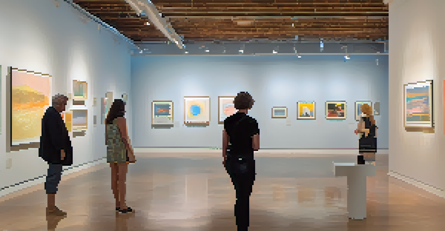 An inviting gallery showcasing feminist art pieces in a softly lit space, with visitors engaging with the artwork.