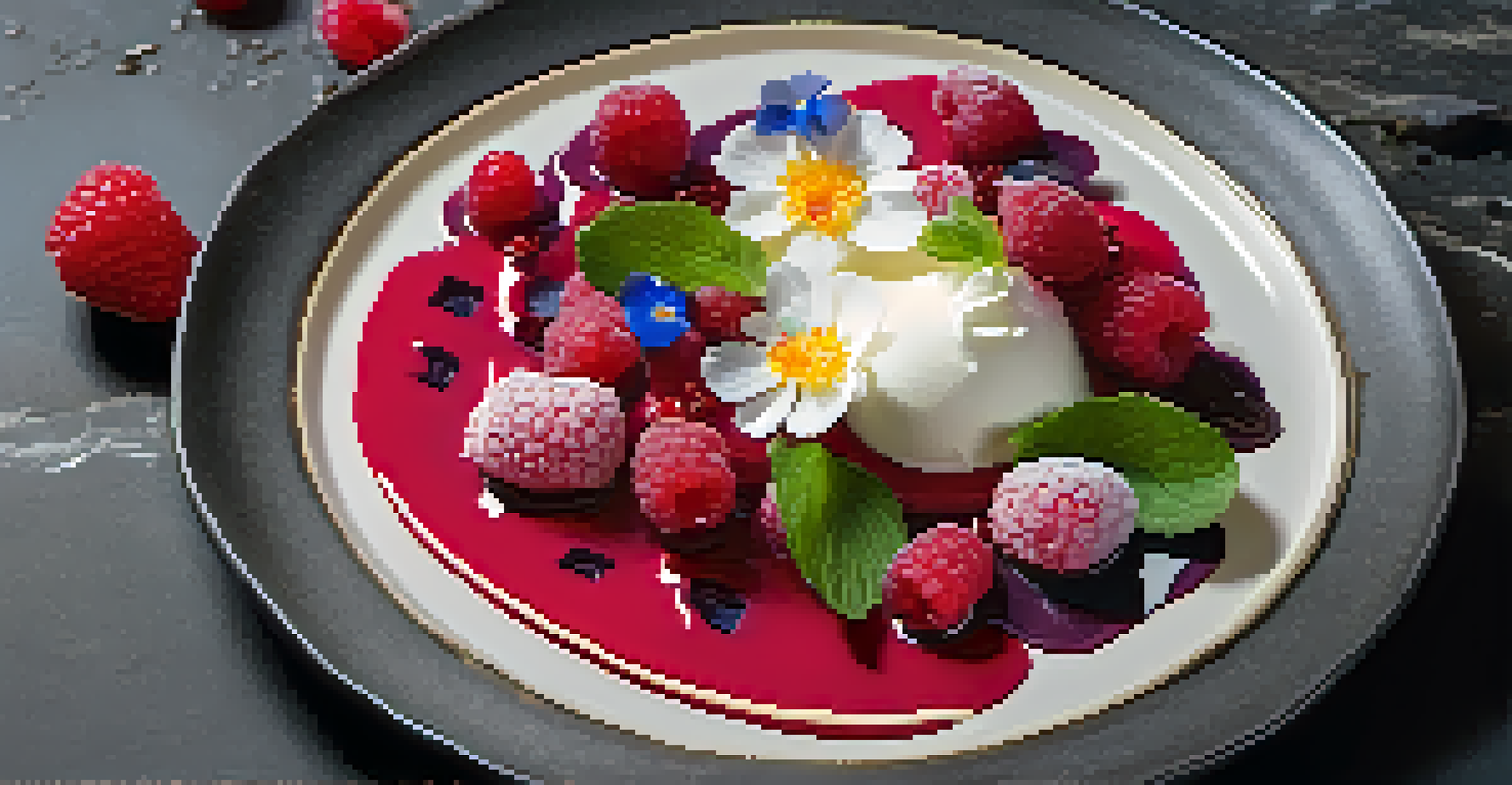 A deconstructed dessert artfully arranged on a slate plate with raspberry sauce, cream, and edible flowers, highlighted by dramatic lighting.