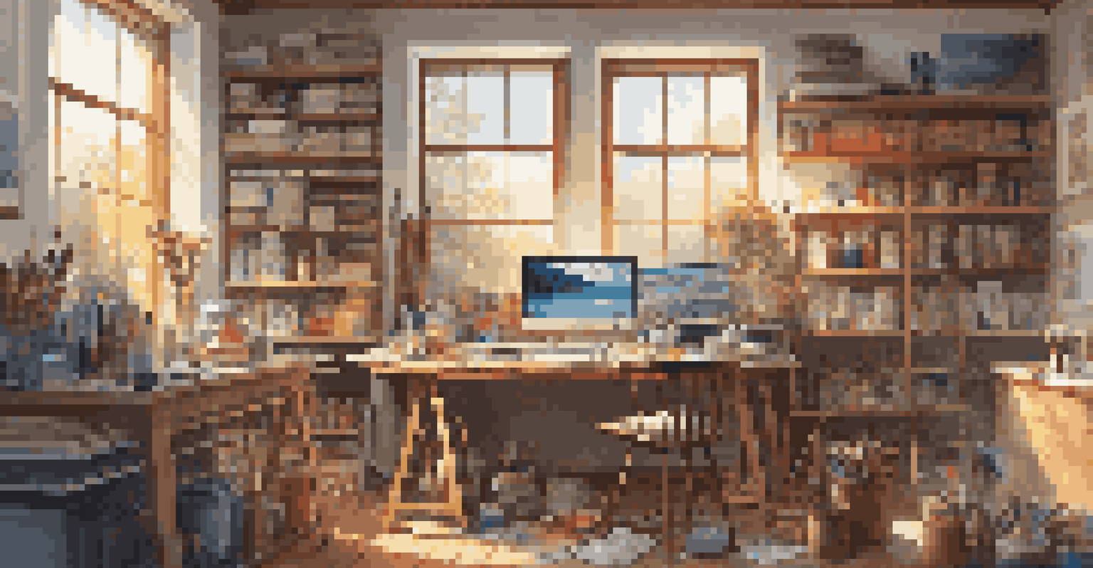 An artist's studio with digital painting tools, traditional supplies, and natural light illuminating the workspace.