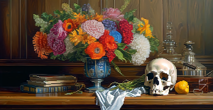 A still life arrangement with a bouquet of withering flowers next to a polished skull on a wooden table, illuminated by soft warm lighting.