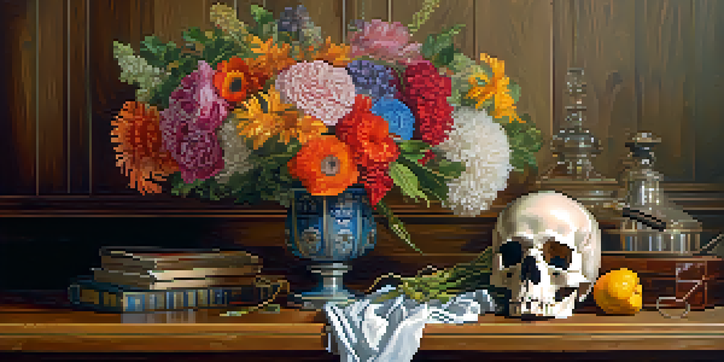 A still life arrangement with a bouquet of withering flowers next to a polished skull on a wooden table, illuminated by soft warm lighting.