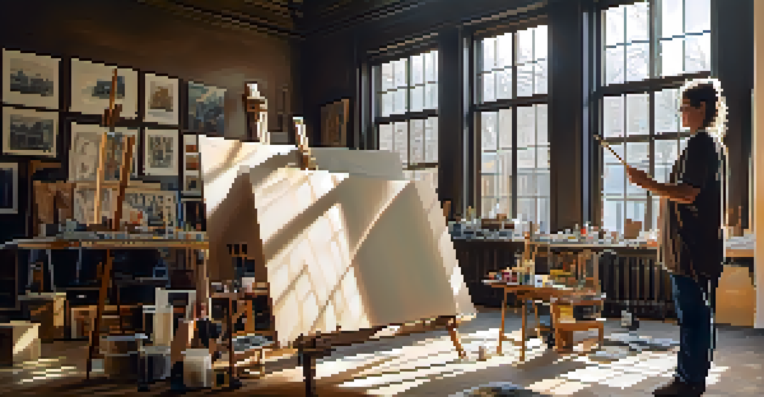 An artist in a studio painting a historical scene on a large canvas, with sunlight illuminating the space.