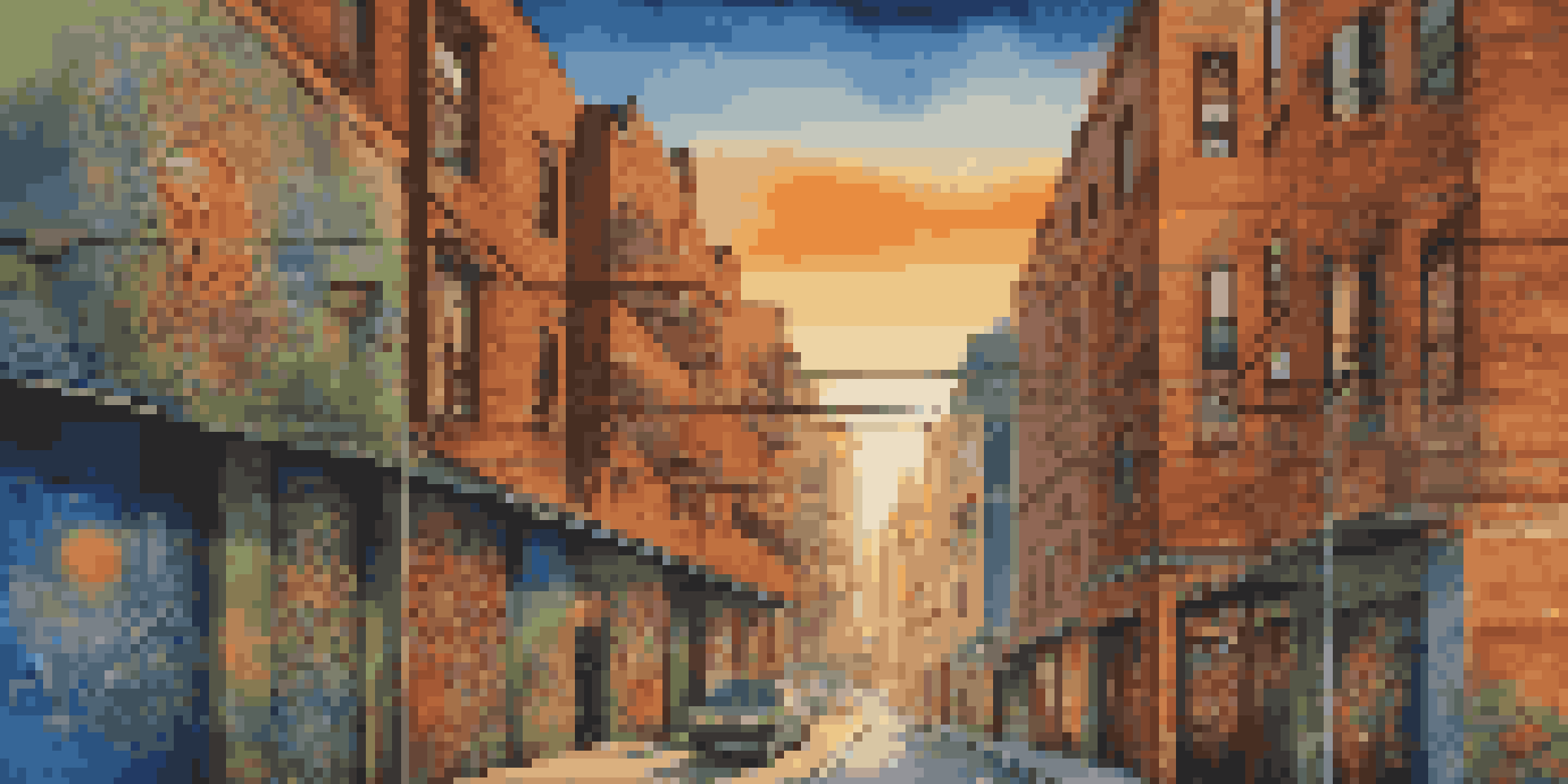 A colorful street mural with cultural symbols from various countries under a sunset sky, illuminated in golden hour light.