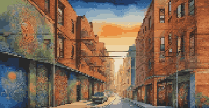 A colorful street mural with cultural symbols from various countries under a sunset sky, illuminated in golden hour light.