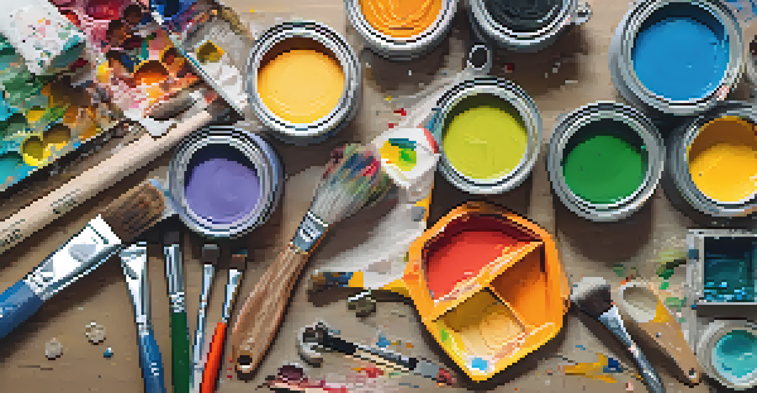 An overhead view of a colorful DIY crafting project, displaying various art supplies and a completed painting in a lively and creative workspace.