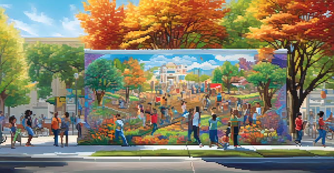 A colorful community mural showing diverse people participating in artistic activities, surrounded by lush greenery.