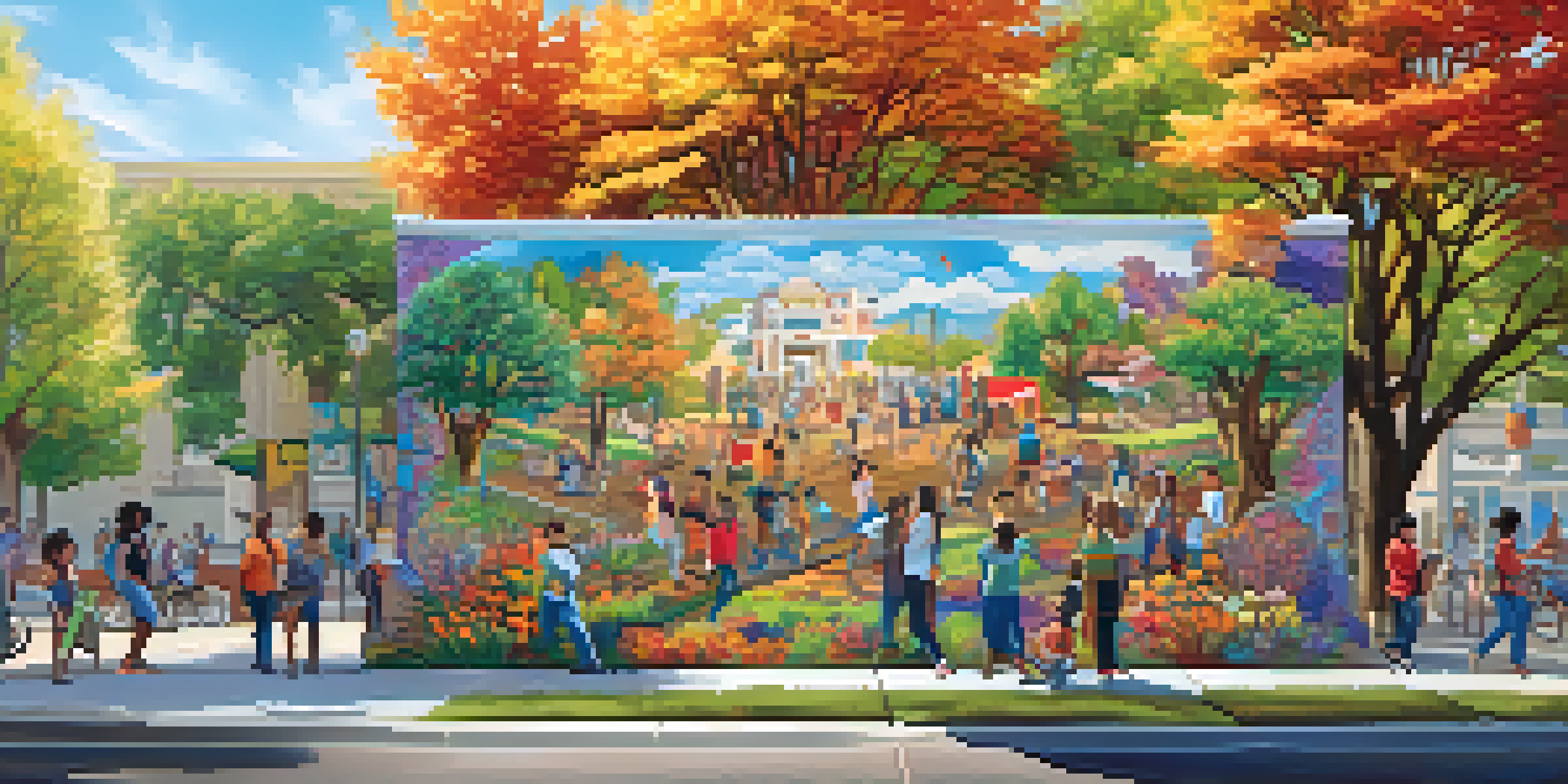 A colorful community mural showing diverse people participating in artistic activities, surrounded by lush greenery.
