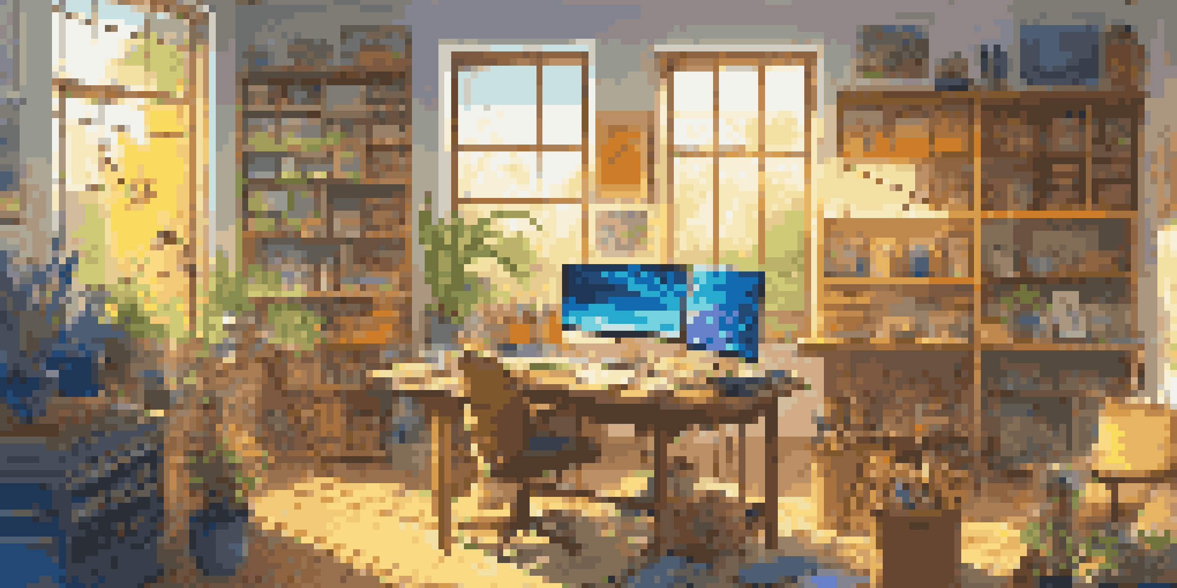 A colorful digital art studio with art supplies and computer screens, warmly lit by sunlight.