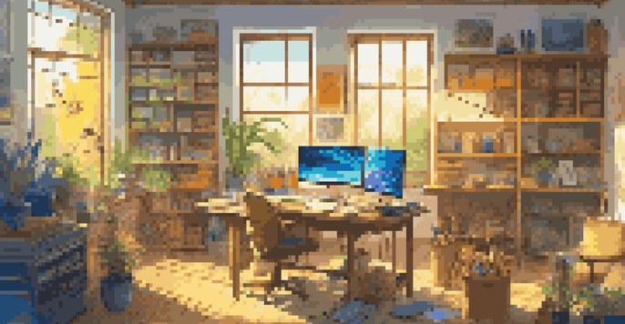 A colorful digital art studio with art supplies and computer screens, warmly lit by sunlight.