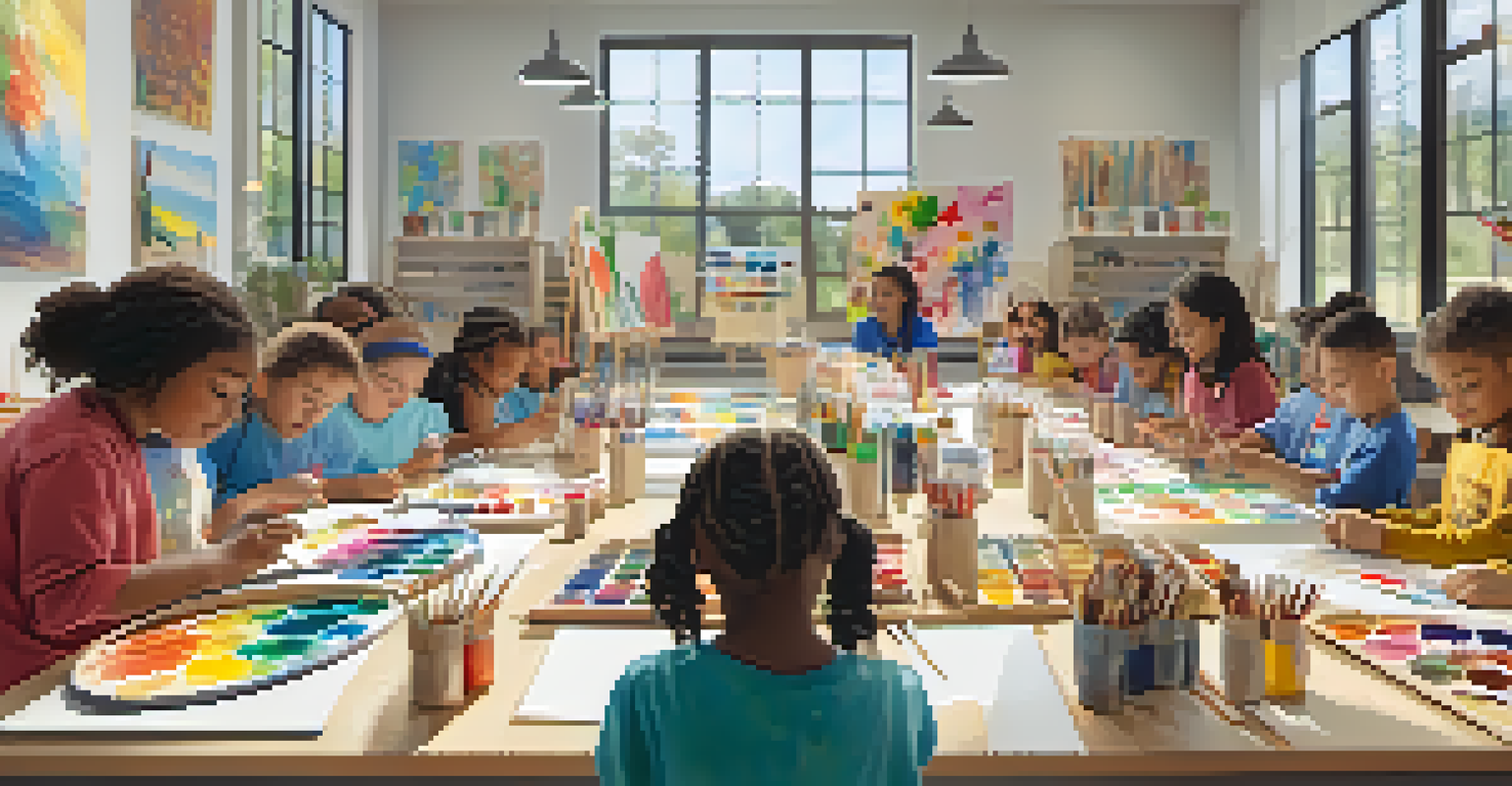 Children of diverse backgrounds participating in an art workshop, surrounded by art supplies.