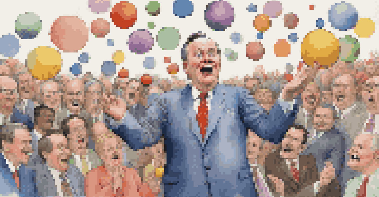 A cartoon of a politician juggling large social issues, with an amused audience in the background.