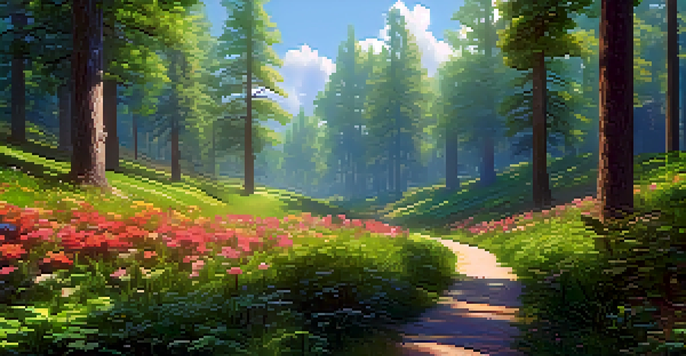 A digital forest with green trees, colorful flowers, and a winding path under a blue sky.
