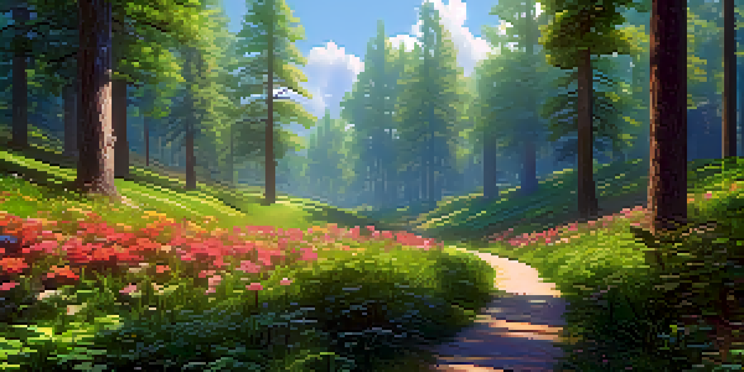 A digital forest with green trees, colorful flowers, and a winding path under a blue sky.