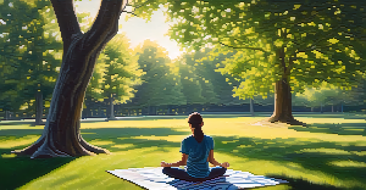 A person sitting on a blanket in a park, practicing mindful art with a canvas and paints, surrounded by nature and dappled sunlight.