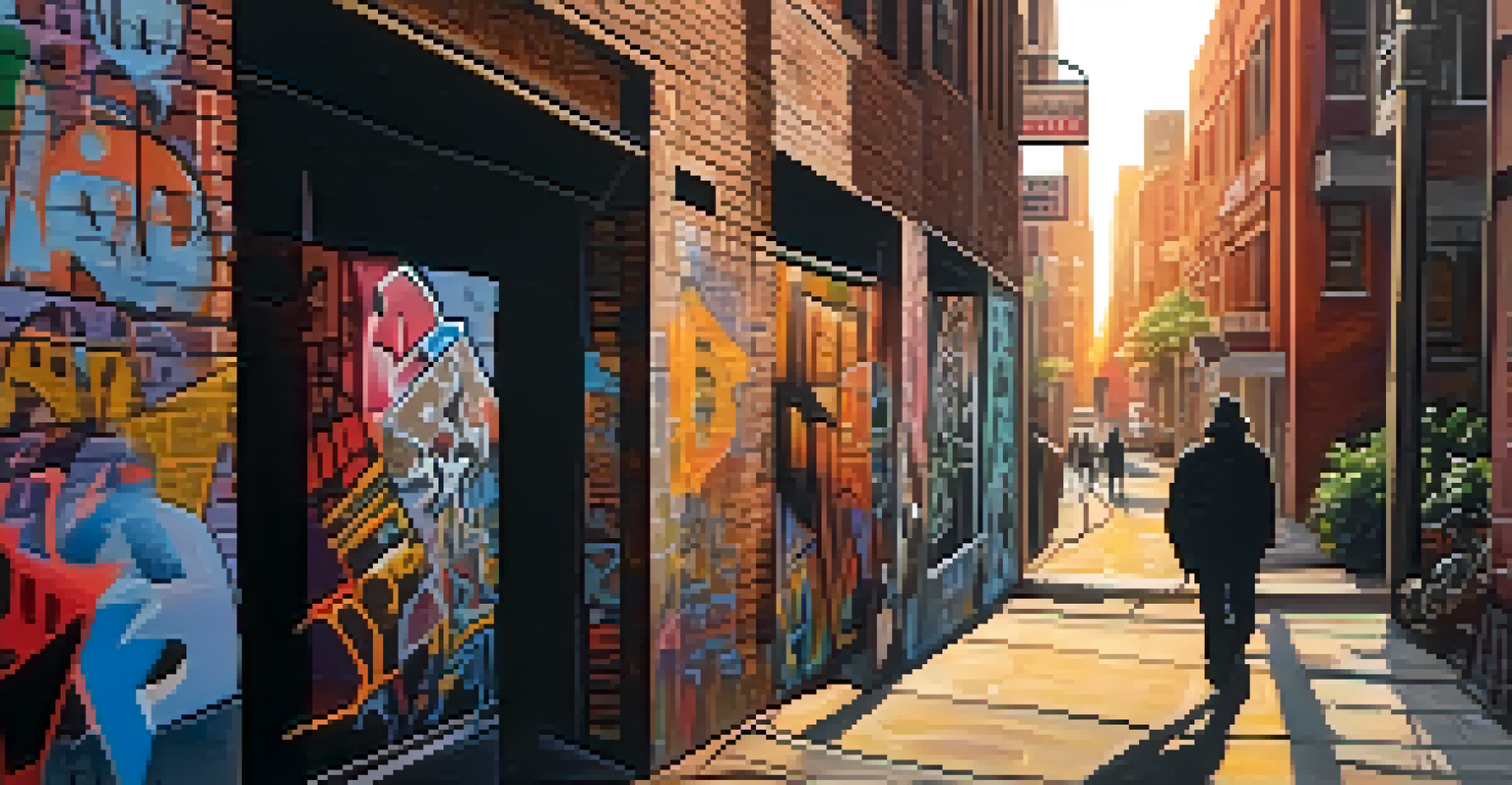 An urban alleyway filled with colorful street art, illuminated by the warm light of the setting sun with a person walking by.